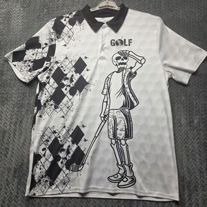 Golf Skull Graphic Polo Shirt Men's Large Black White Swing Swear Look For Ball